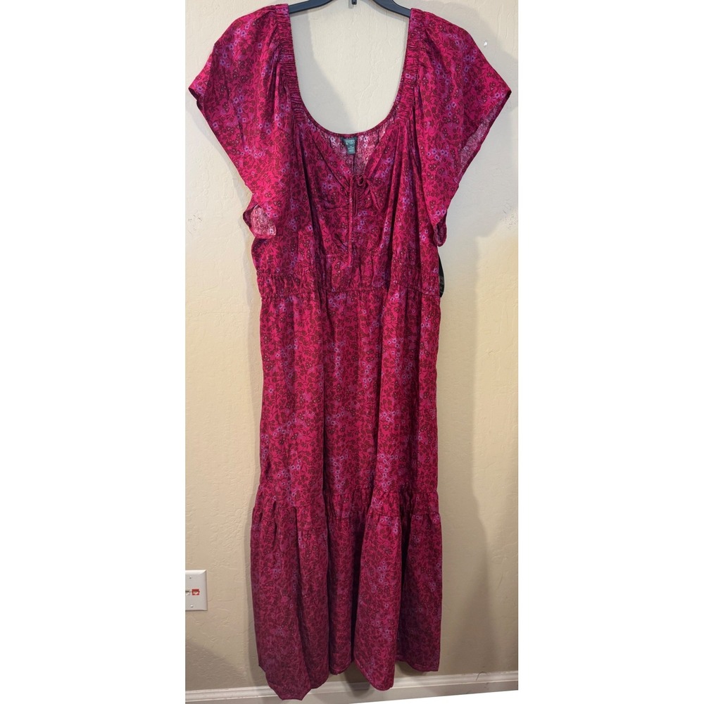 Terra & Sky Maxi Dress Women 4X Pink Floral Flutter Sleeve Boho Smock Tiered NEW